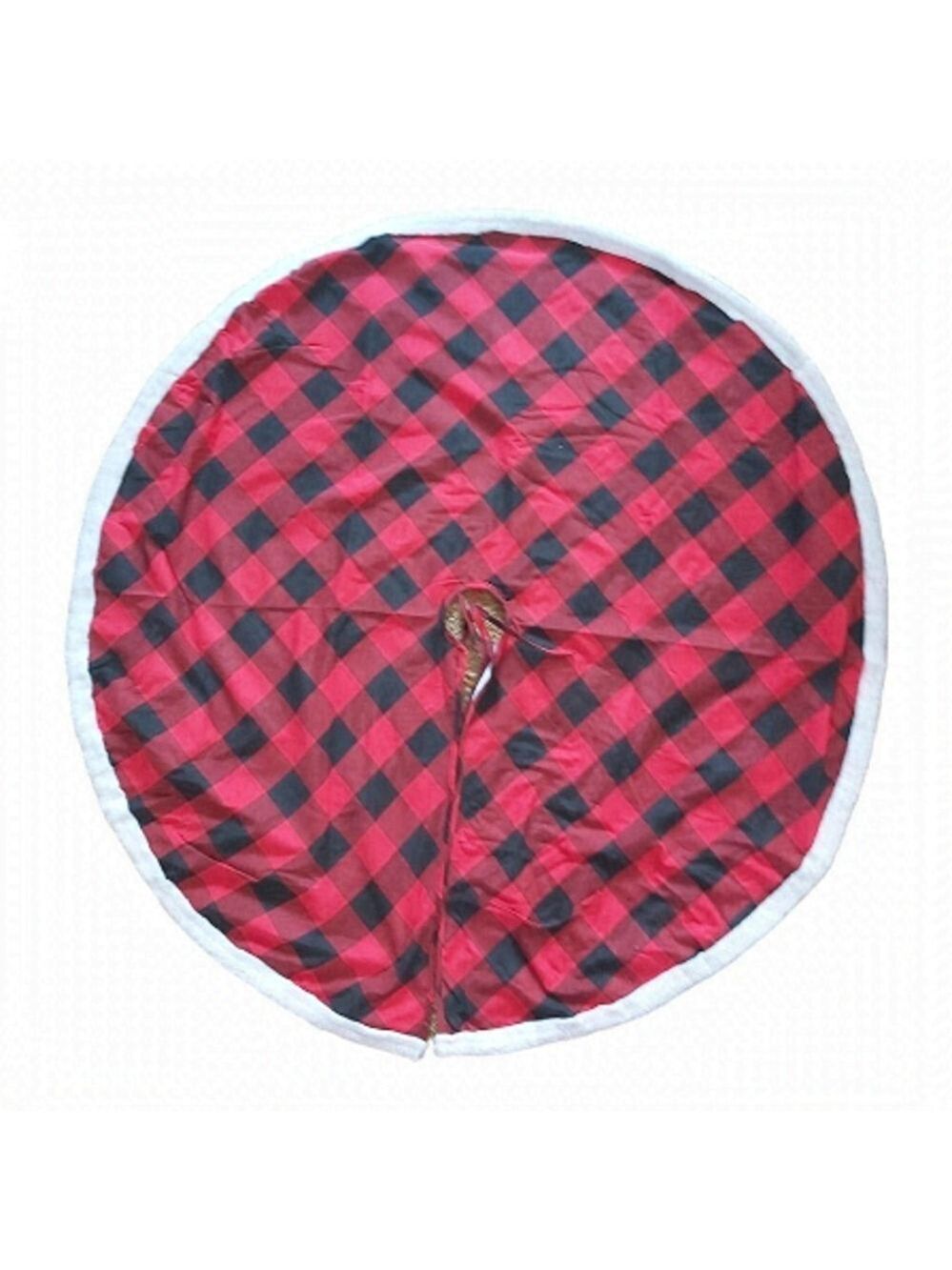 LARGE Red/Black Checkered Christmas Tree Skirt With White Faux Fur Trim - 36 In